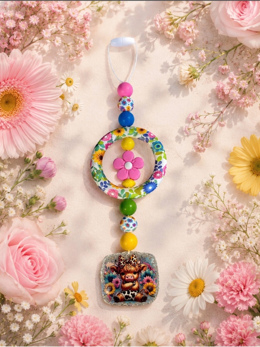 Floral Multicolor Beaded Car Charm with Highland Cheetah Cow
